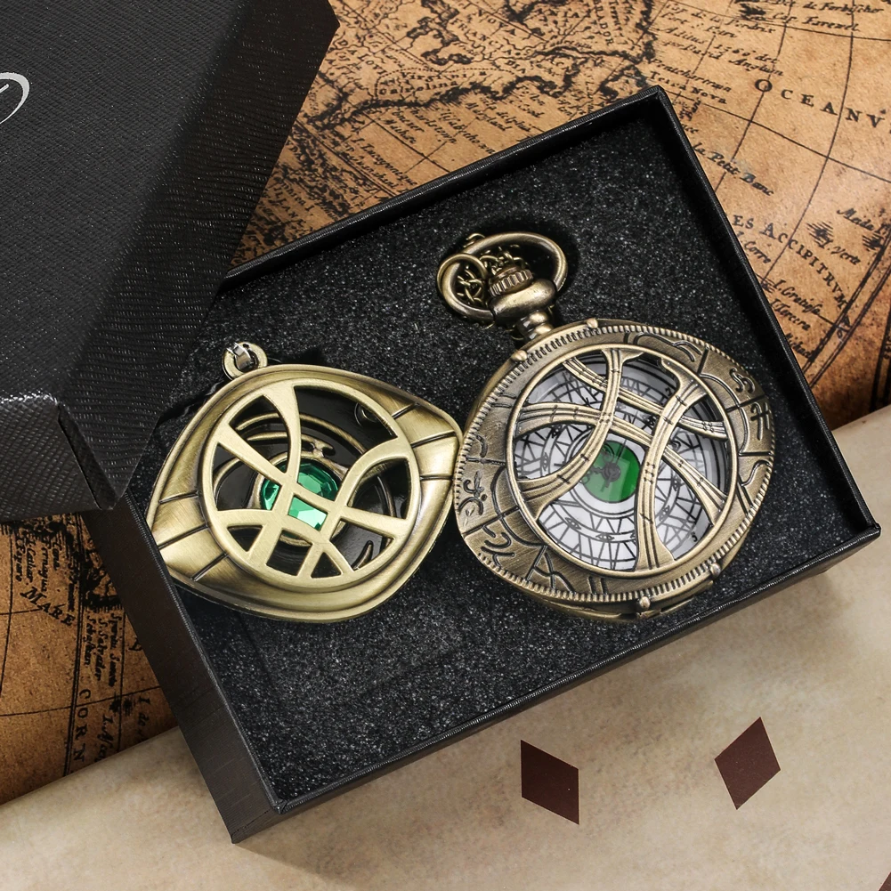 Quartz Pocket Watch Necklace Gift Set for Men Hollow Green Eye Pendant Pocket Clock Retro Strange Souvenir Sweater Fob Chain