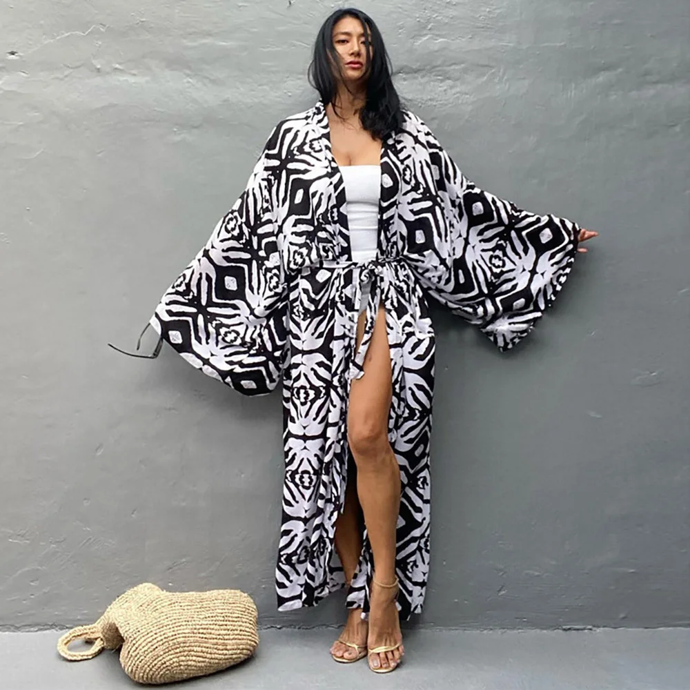 

2023 кардиган с принтом кимоно, платье с длинным рукавом и поясом, туника, выход для ванны, Женская пляжная одежда, купальник, накидка