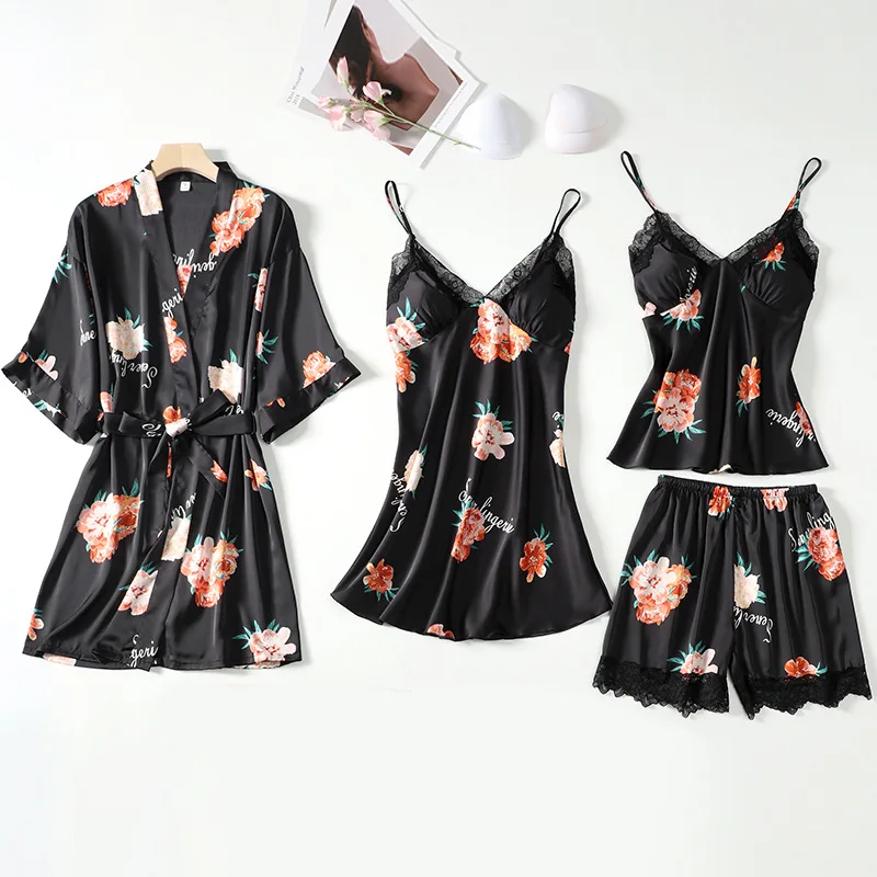 

Sleepwear Female 4PCS Pajamas Set Summer Nightgown Print Flower Bathrobe Loose Casual Silky Satin Home Clothes Lounge Wear