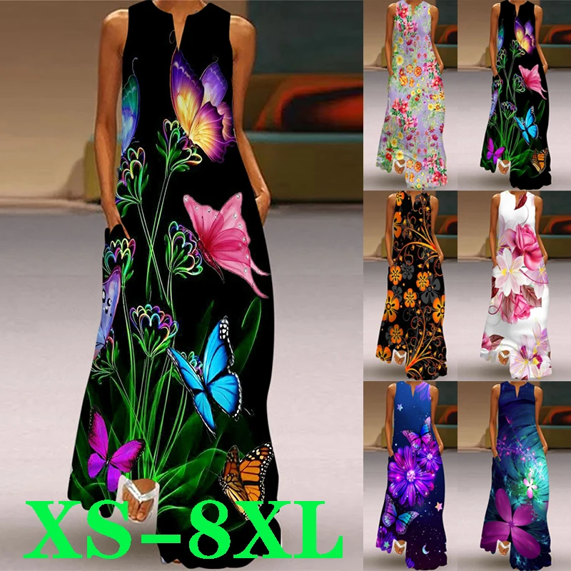 

GaunPanjangGambarCetakTanpaLenganGaunBohemianKasualLonggarGaunPestaModeMusimPanasLeher-vGaunUkuranPlus