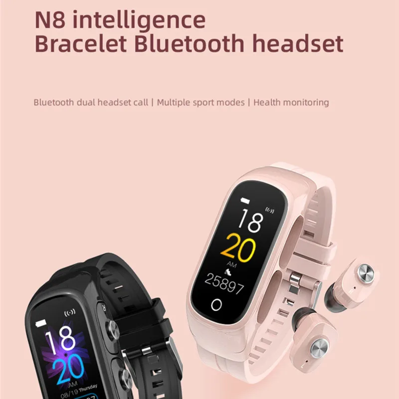 

Умный Браслет N8 с двумя ушками, Bluetooth-гарнитура, два в одном, с функцией прослушивания музыки, измерения кровяного давления, пульса, мониторинга сна