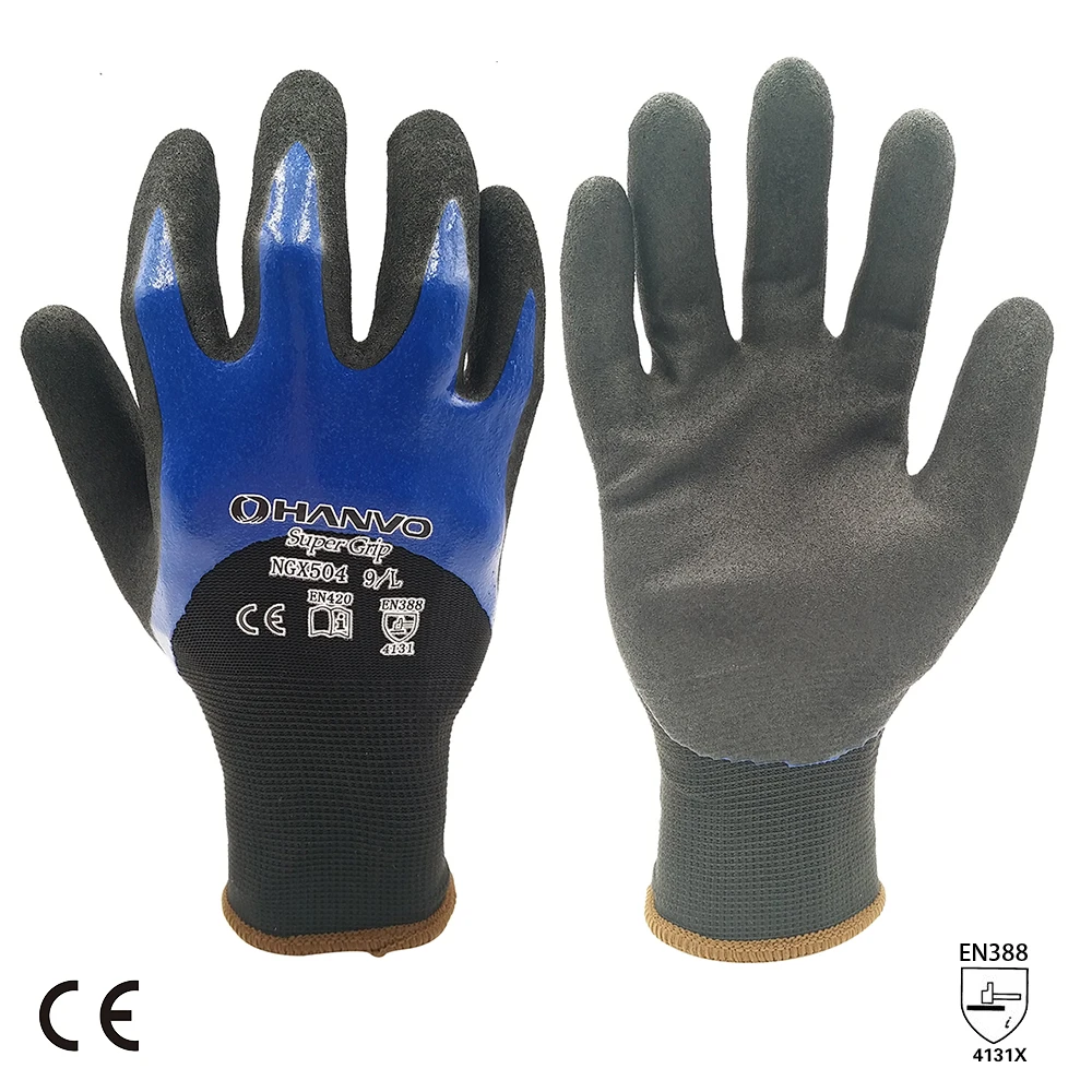 

Hanvo Nylon/Spandex With 3/4 Blue Frosted Nitrile Coating Men Women 15 Gauge Protective Safety Work Gloves