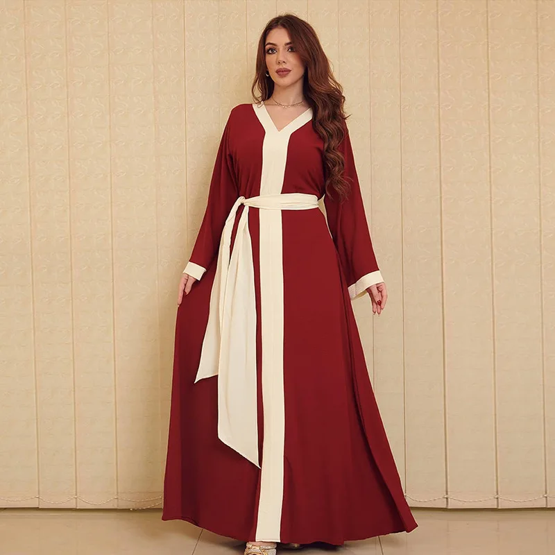 

Robe Femme Musulmane Middle East Dubai Abaya Turkey Color Matching Robe Muslim Fashoin Long Dresses With Belt