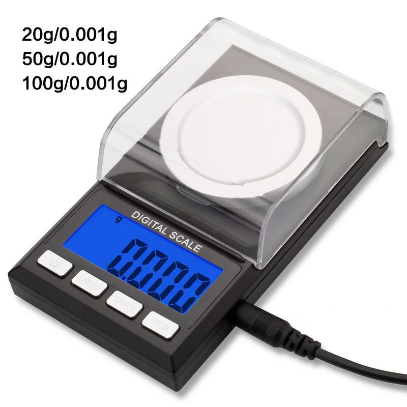 Escala Eletrônica 0.001 Lcd Digital Jóias Ervas Medicinais Portátil Laboratório Peso Miligrama Escala Usb Potência 100g 50g 20g 10g