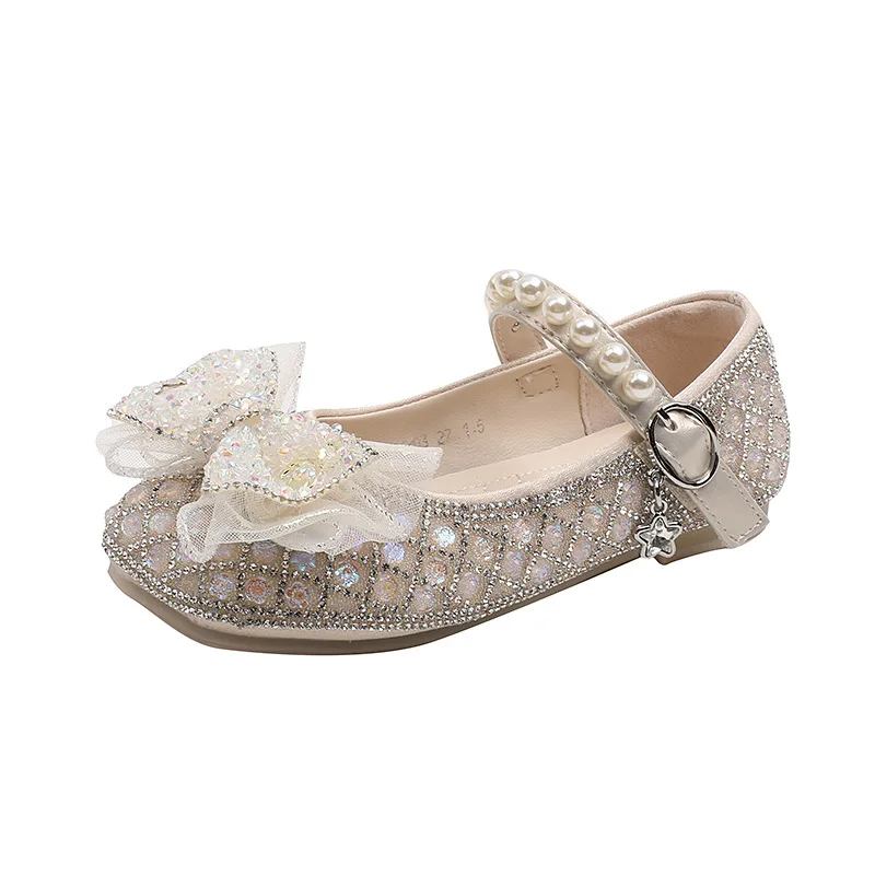 

Size 26-30 Bling Girls Shoes With Full Sequined Cloth Beige Pink Cute Lace Bowtie Children Dress Shoes For Dancing Perfomance