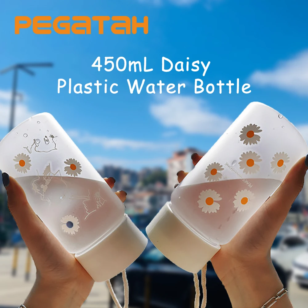 

450ml Smal Daisy Plastic Water Bottle Creative Frosted Portable Rope Travel Water Bottle Men Women Botella De Agua Para Niños