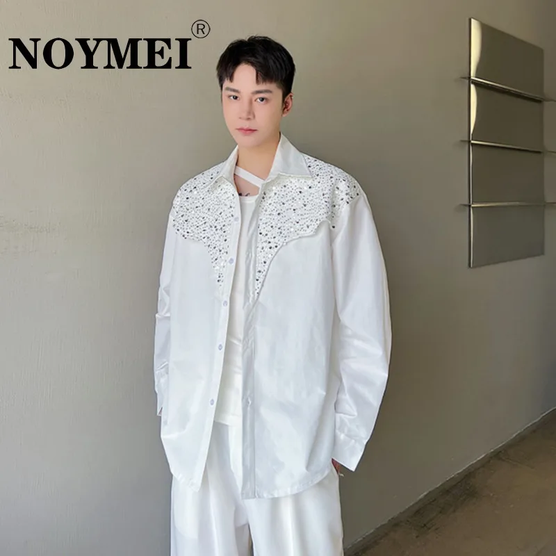 

NOYMEI White New Personalized Sequin Long Sleeved Shirt Fashionable Nightclub Style Stage Fashion Lapel Loose Male Top WA2044