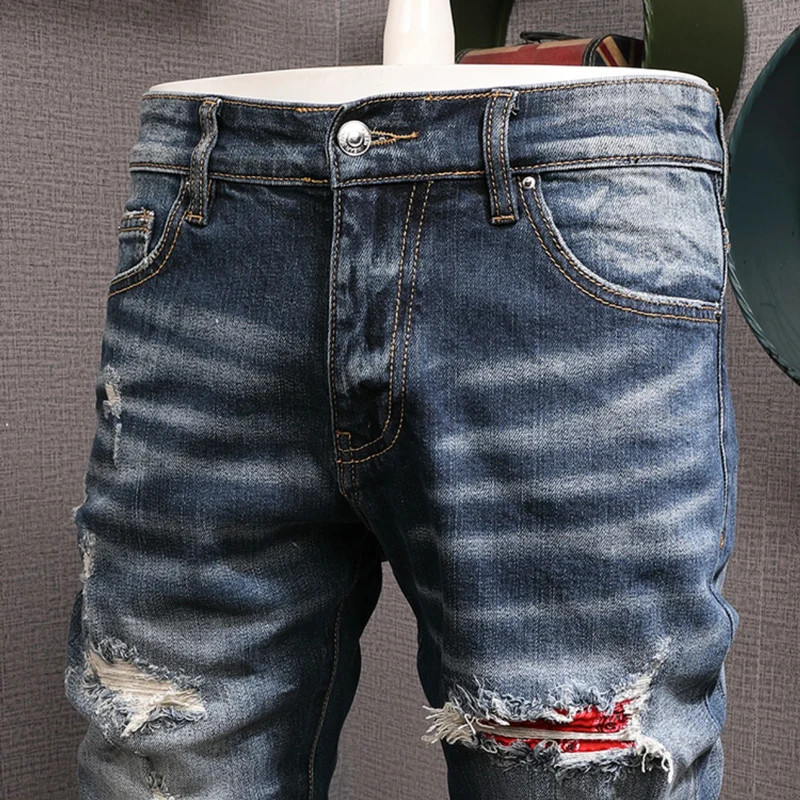 High Street Fashion Men Jeans Retro Blue Elastic Stretch Skinny Fit Ripped Jeans Men Patched Designer Hip Hop Brand Pants Hombre