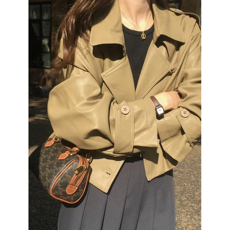 ChicAutumnВинтажная укороченная кожаная куртка свободного кроя в корейском стиле с