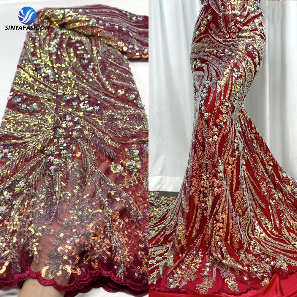 

Sinya Burgundy wine Shiny Fully Sequins Pearls African French Lace Fabric 5 Yards Luxury Heavy Handmade Beaded Lace Fabric