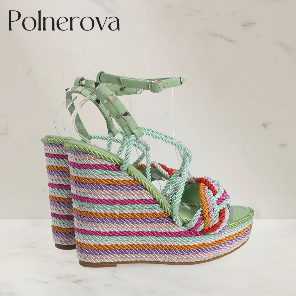 Color Block Hemp Rope Wedges Studs Luxurious Designer Sandals Multicolor Fashion Summer Shoes Platform Buckle Sandals for Women