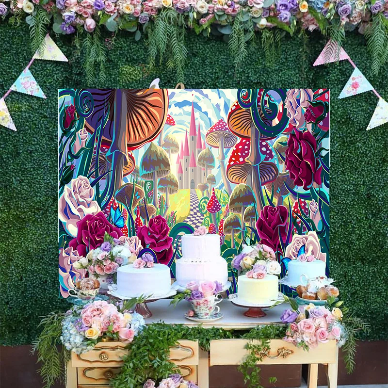 

Cartoon Disney Psychedelic Forest Photo Backdrop Decoration Princess Alice In Wonder Happy Birthday Party Backgrounds Banner