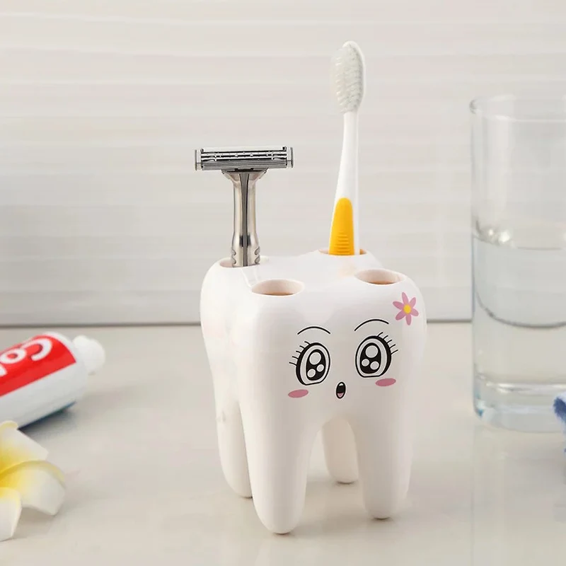 

Storage Holder Brush Rack Cartoon Teeth Shape Bathroom Suppies 4 Holes Shaving Toothbrush Holder Stand