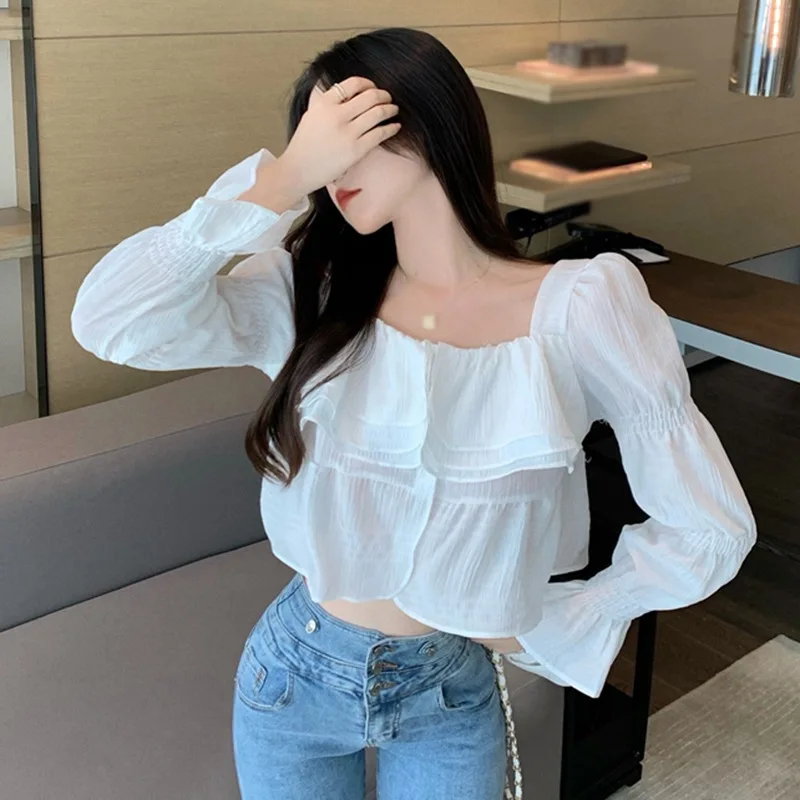 

Women's Blouse Fashion Flowy Tops Chiffon Long Sleeve Solid Square Neck Tops