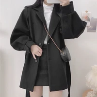 womens belt slim korean coat all match womens clothing fashion autumn and winter wool blended black long sleeved lapel coat