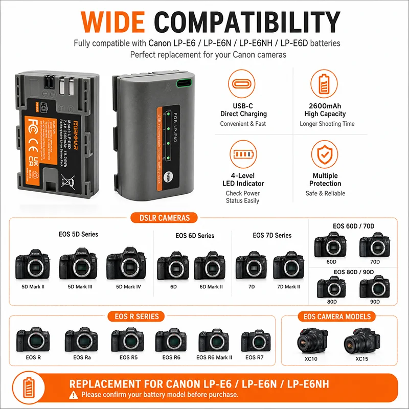 Аккумулятор 2600 мАч LP-E6 LPE6D Type-C для камер Canon 5D Mark II III IV 7D 60D 70D 80D 6D 5DS R EOS, перезаряжаемый через USB-C, LPE6N (art.: 3920db509b027) - 3920db509b027