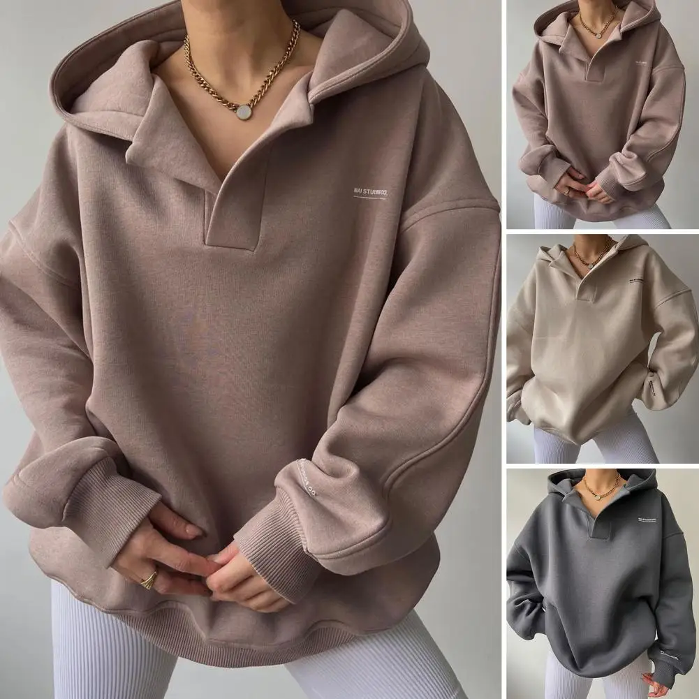 

Solid Color Hoodies Fashionable Women's V-neck Hoodies Stylish Solid Color Pullover Tops for Autumn Winter Casual for Streetwear