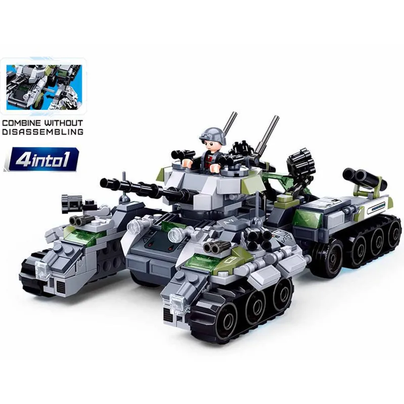 

4Pcs/lot Military Tank Vehicle creative WW2 Gun Trucks Building Blocks Military Base Army Soldiers Figures Bricks Children Toys