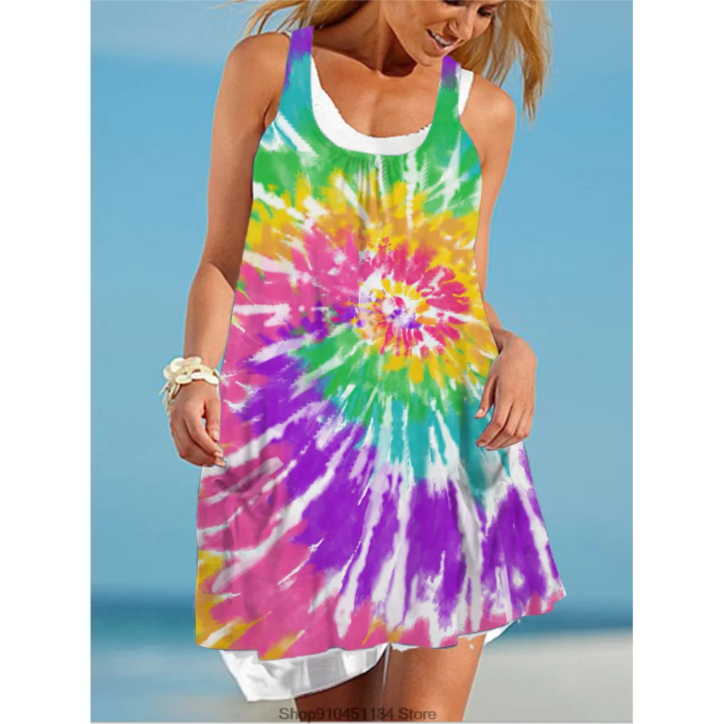 

Tie-dye Printed Loose Suspender Dress Fake Two Piece Fashion Beachwear For Women Casual U-neck A-line Seaside Holiday Clothes