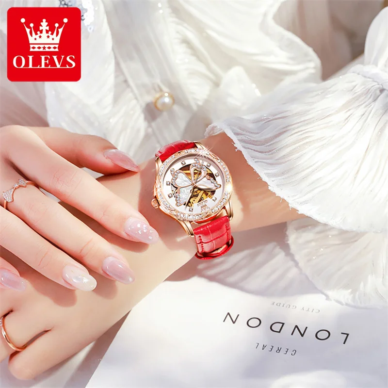 2023 OLEVS Brand Automatic Mechanical Women Watch Fashion Ladies Diamond Butterfly Dial Rose Gold Luxury Watches Red Leather