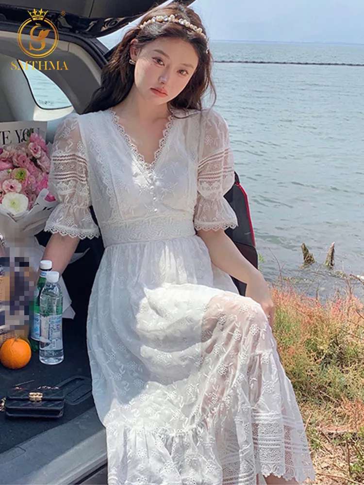 

SMTHMA женские новые модные летние элегантные платья миди с расклешенными рукавами винтажные кружевные вечерние платья с вышивкой женская од...