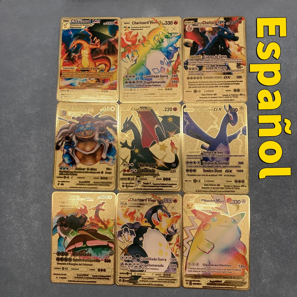 

Spanish Pokemon Gold Metal Cards Pocket Monsters Anime Original Charizard Pikachu Cards Pokemon Cards Collection Christmas Gift