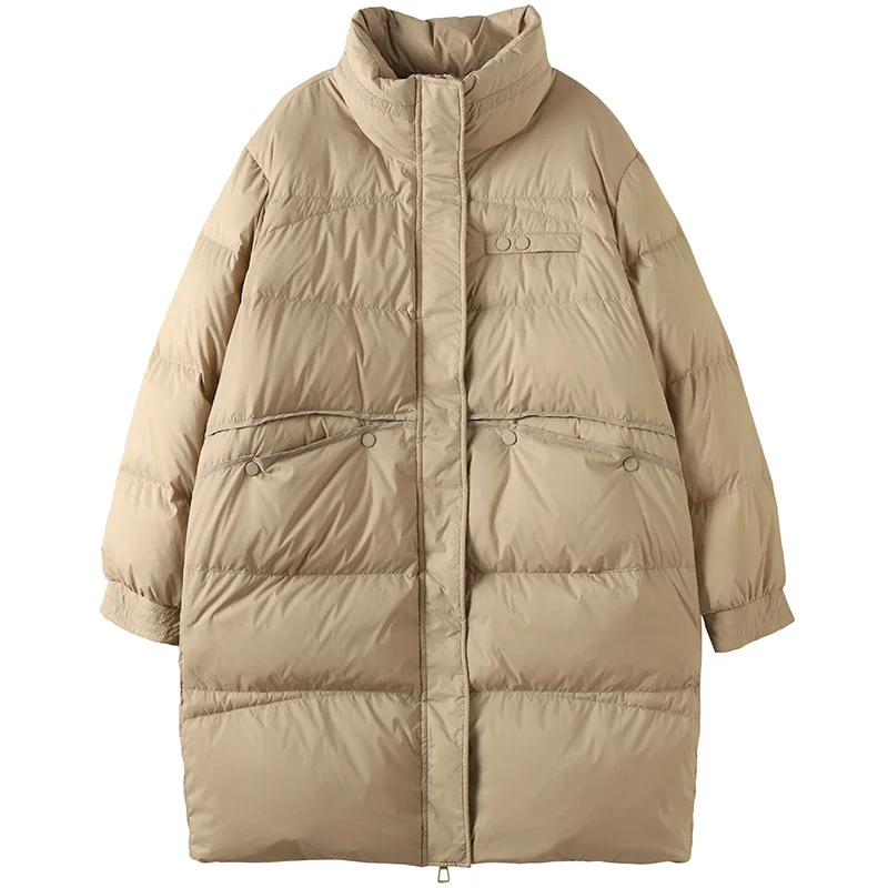 Mid-length 90 White Duck Down Jacket 2021 Autumn and Winter All-match Stand-up Collar Solid Color Simple Fashion Jacket