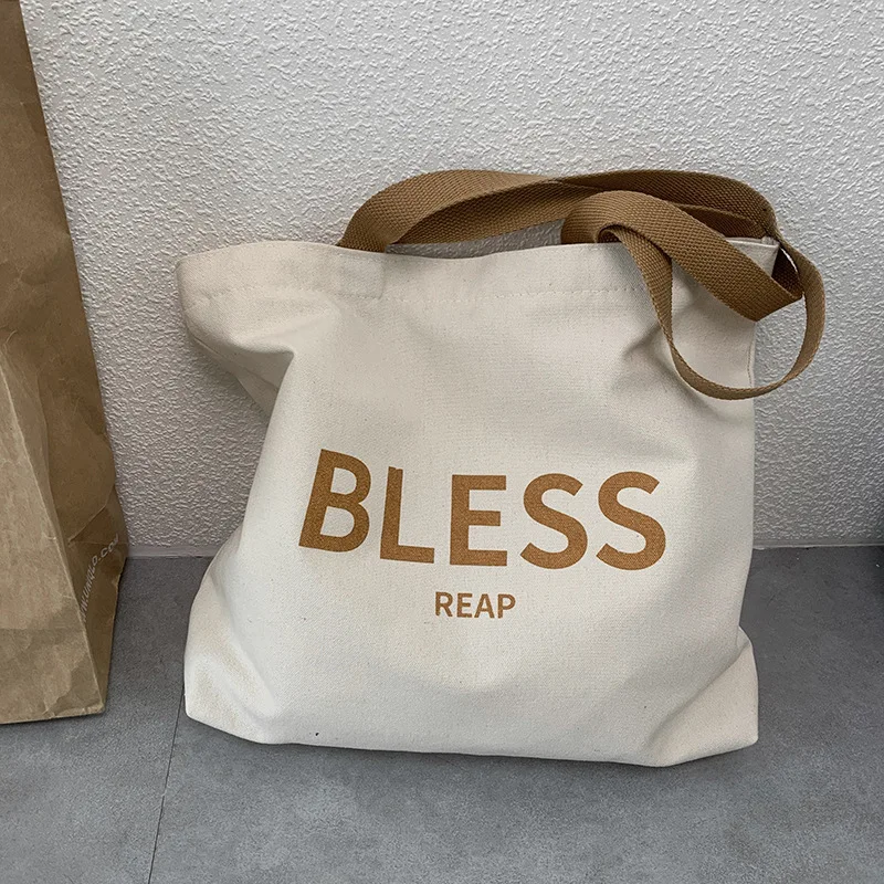 

Холщовая Сумка для покупок на плечо для женщин, большая хлопковая тканевая Экологически чистая многоразовая дамская сумочка с надписью «Bless», 35*32 см