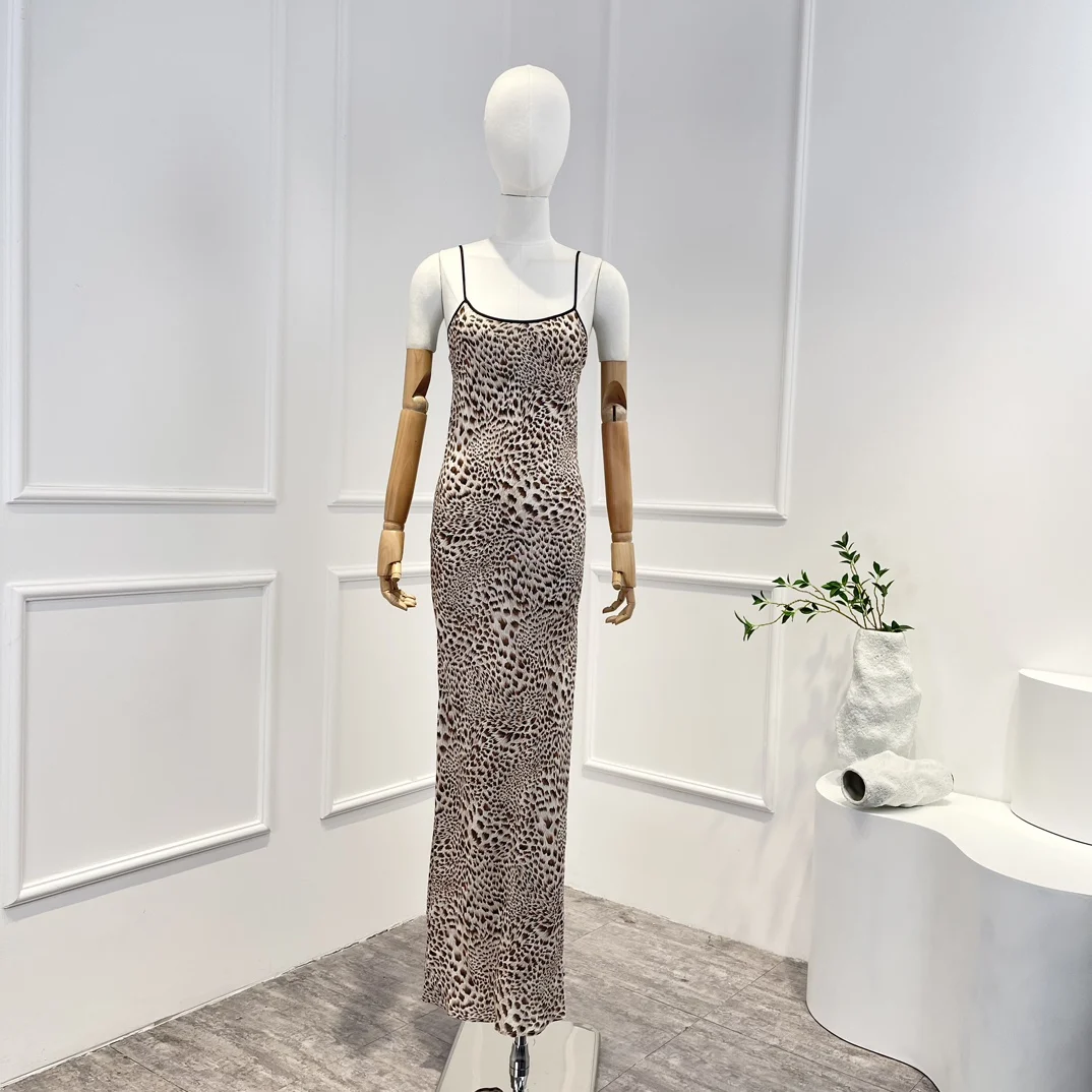 

New Arrival Spring Summer Pure Silk Leopard Printing Slim Midi Length Slip Dress for Women High Quality