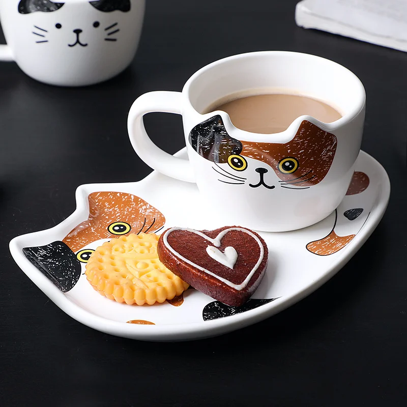 

HF Cute Cat Ceramics Coffee Mug Set Handgrip Animal Mugs With Tray Creative Drinkware Coffee Tea Cups Novelty Milk Cup Breakfast