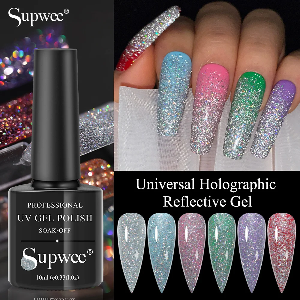 

SUPWEE 10ML Universal Reflective Laser Gel Shiny Glitter Effect All For Manicure Art Semi-permanent Soak Off UV/LED Gel Varnish