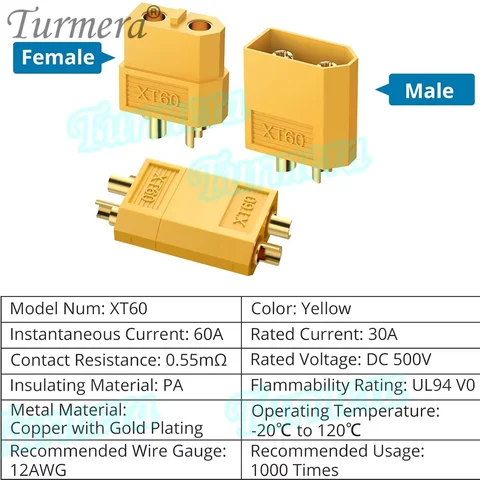 Разъем Turmera XT60, штекер, гнездо с термоусадочным кабелем длиной 30 мм, 16awg 30 А, предохранительный кабель для электровелосипеда или воздушного дрона 12 В, 24 В, 48 В, для самостоятельного использования