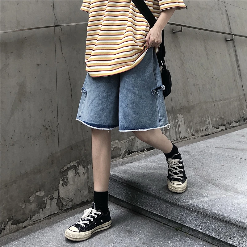 

Jeans Five Points Shorts Men and Women Korean Ins Trend Hip-hop Street Retro Washed Hole Wide-leg Pants Cargo Pants Women