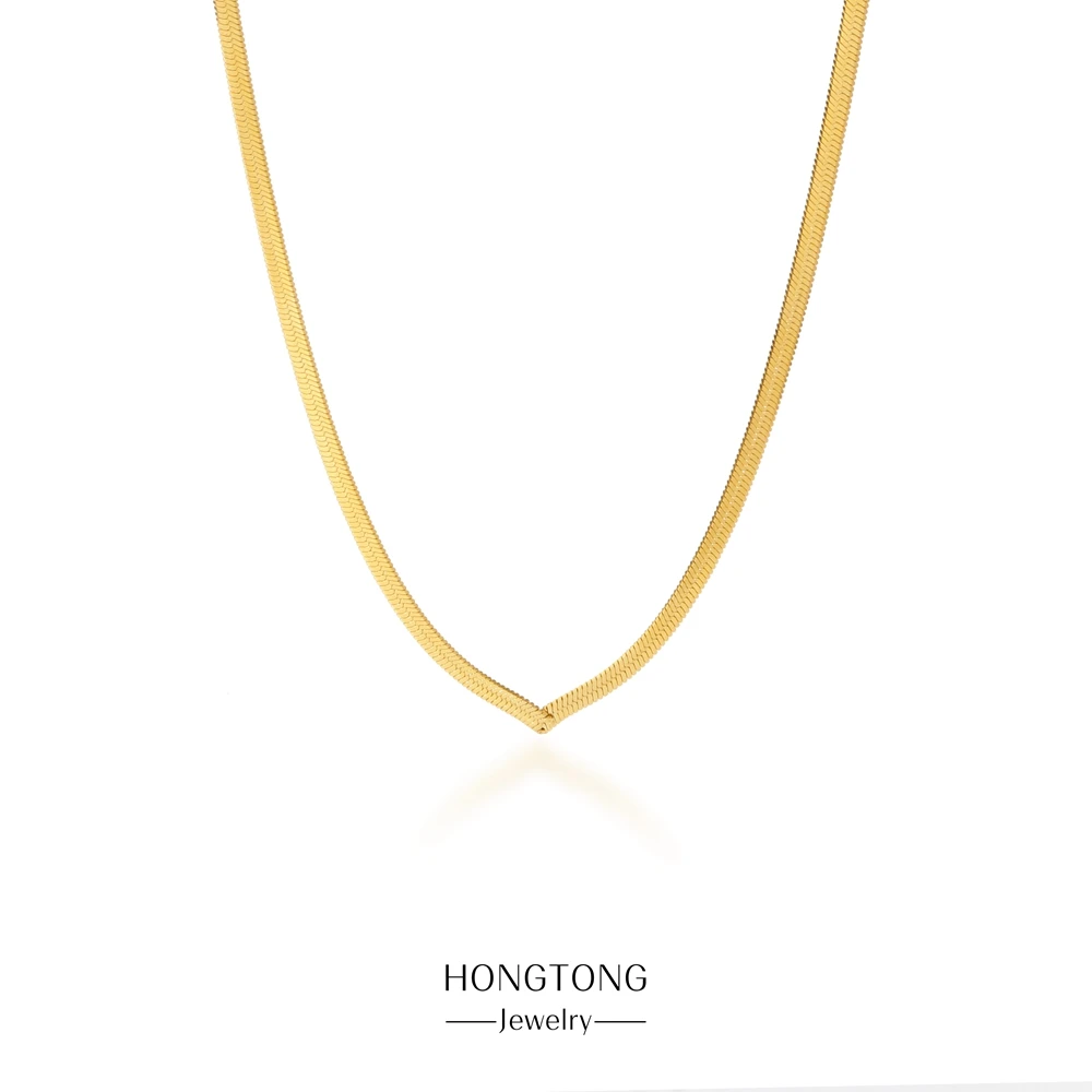 

HONGTONG Stainless V-shaped Necklace Women's Simple Design Sense Gold Plated Flat Snake Chain Personality Blade Collarbone Chain