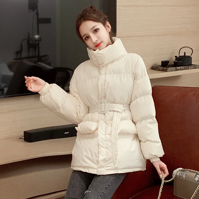 Female Thick Winter Puffer Coat Warm Parka Coat Collar Collar Bubble Coat Korean Cotton Button Down Jacket with Belt Coat Green