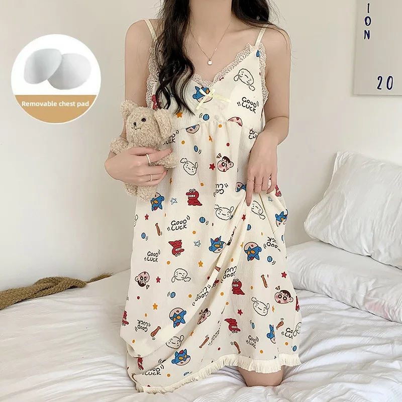 

Kawaii Crayon Shin-Chan аниме подтяжки ночная рубашка женская летняя Пижама с нагрудной подушкой Домашняя одежда можно носить на улице