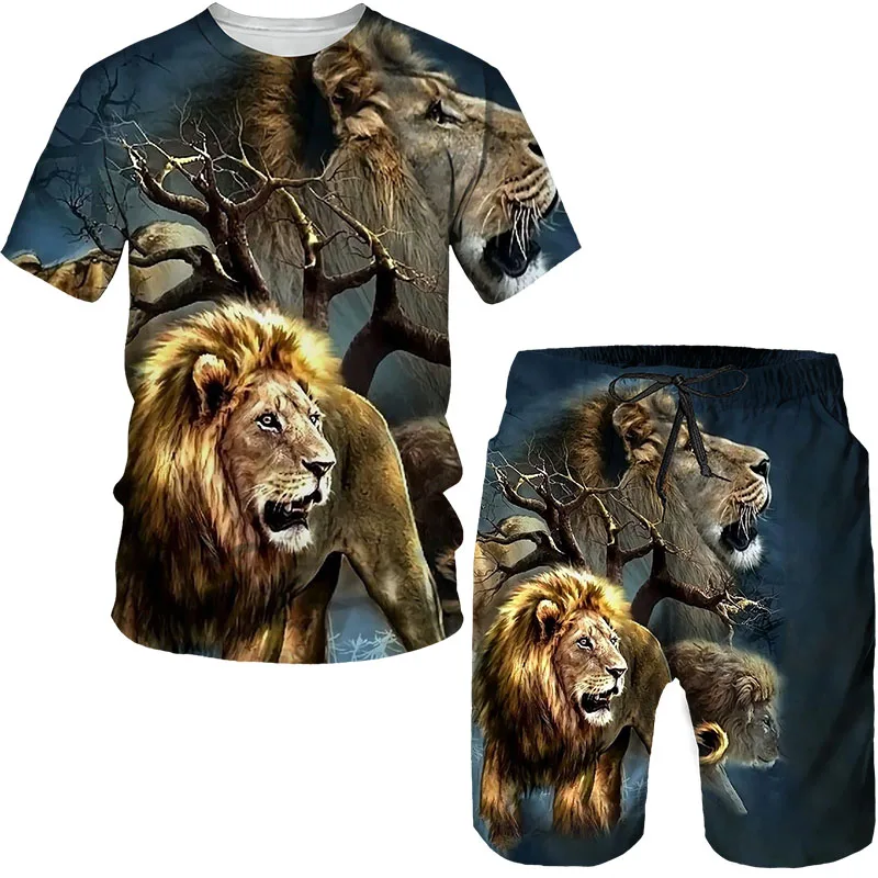 

Summer Men's Tiger Short Sleeve Set 3D Print T-Shirt Fashion Two-Piece Suit Male Streetwear Casual Shirt Outsuit Plus Size