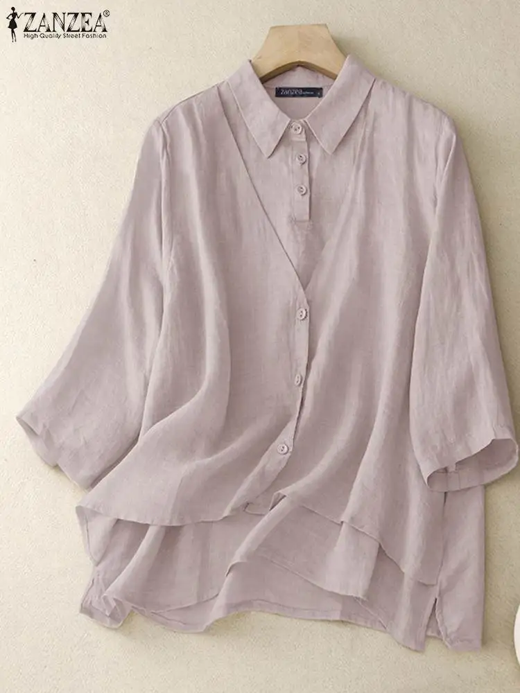 

Винтажная Осенняя блузка ZANZEA, женская модная рубашка с отложным воротником и рукавом 3/4, повседневные свободные однотонные топы, Женские рабочие блузы, женская рубашка