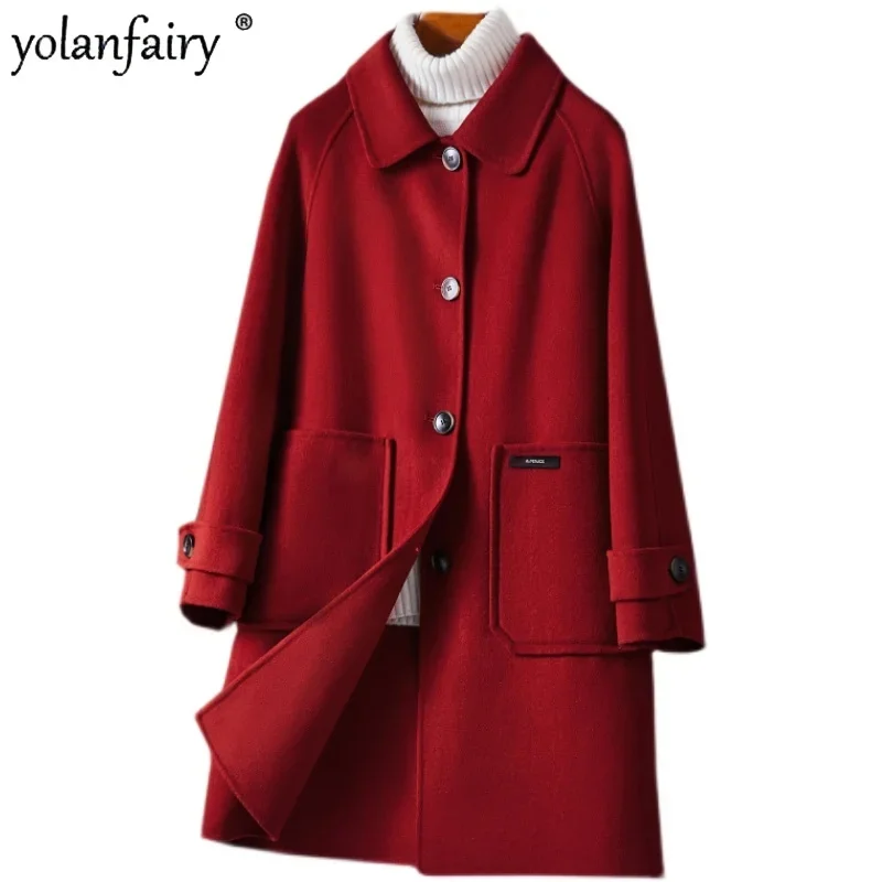

Новинка 2024, высококачественное шерстяное красное Двустороннее пальто, женская элегантная одежда средней длины, Женский Топ