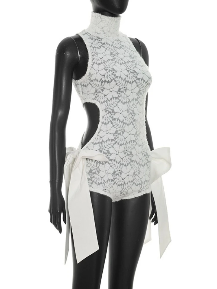 Фото Сексуальный прозрачный кружевной комбинезон Foamlina для женщин: с высоким воротом, без рукавов, с большим бантом сбоку, вырезами, для ночного клуба, цельный наряд №4