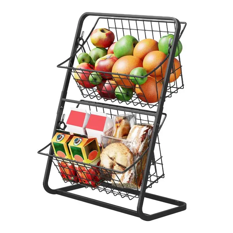 

2 Tier Fruit Basket Portable Kitchen Storage Countertop Shelf Rack Vegetable Storage Stand With Banana Hangers For Living Room