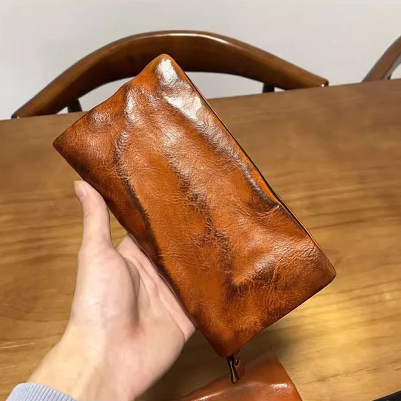 

AETOO Leather long men's wallet Vintage plant tanned top layer cowhide clutch bag Korean zippered money clip Soft leather mobil