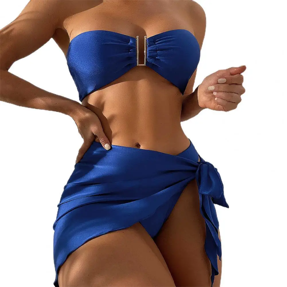 3 шт./компл. летний комплект бикини однотонный купальный костюм с открытой спиной