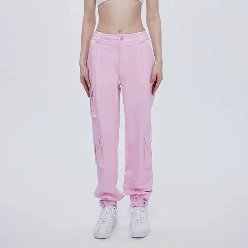 

2022 Spring Summer New Runway Cargo Long Pants Women High Quality High Waist Multi-pocket Trousers Casual Loose Pink Long Pants