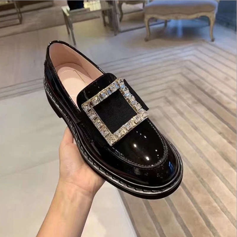 High quality patent leather Chelsea English rhinestone square buckle flat bottom spring and autumn short boots for women