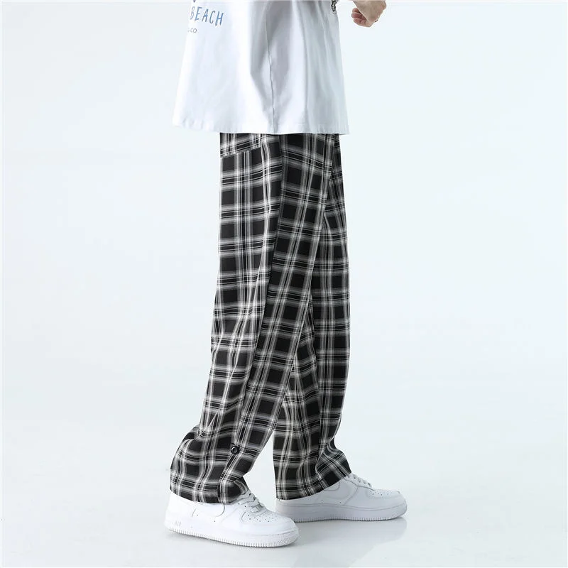 

Summer Black Plaid Pants Men Fashion Retro Casual Wide Leg Pants Men Streetwear Loose Straight Pants Mens Trousers S-3XL