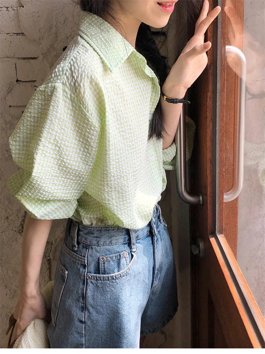 Рубашка женская Солнцезащитная в клетку с длинным рукавом стиле кэжуал