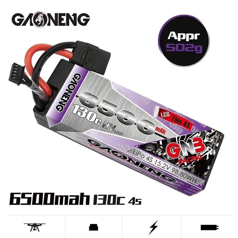 

Gaoneng GNB 6500mAh 4S 15.2V 130C HV Thin Hardcase LiPo Battery Pack XT90 EC5 Plug for 1:8 1/8 RC Car Four Drive Off-Road Boat