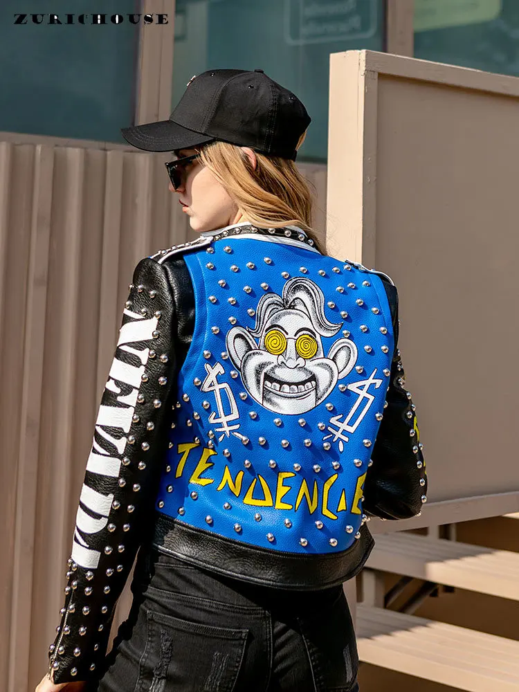 

Faux Leather Motorcycle Jackets Women 2023 Trend Punk Rock Style Streetwear Contrast Color Print Studded Leather Jacket Short