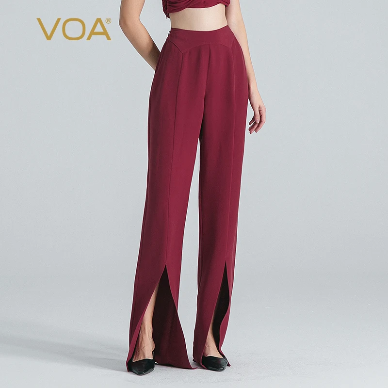 

(Fans Exclusive Discount) VOA Real Silk Red Natural Waist Trousers Fashion Split Foot Opening Straight Pants Women Autumn KE825